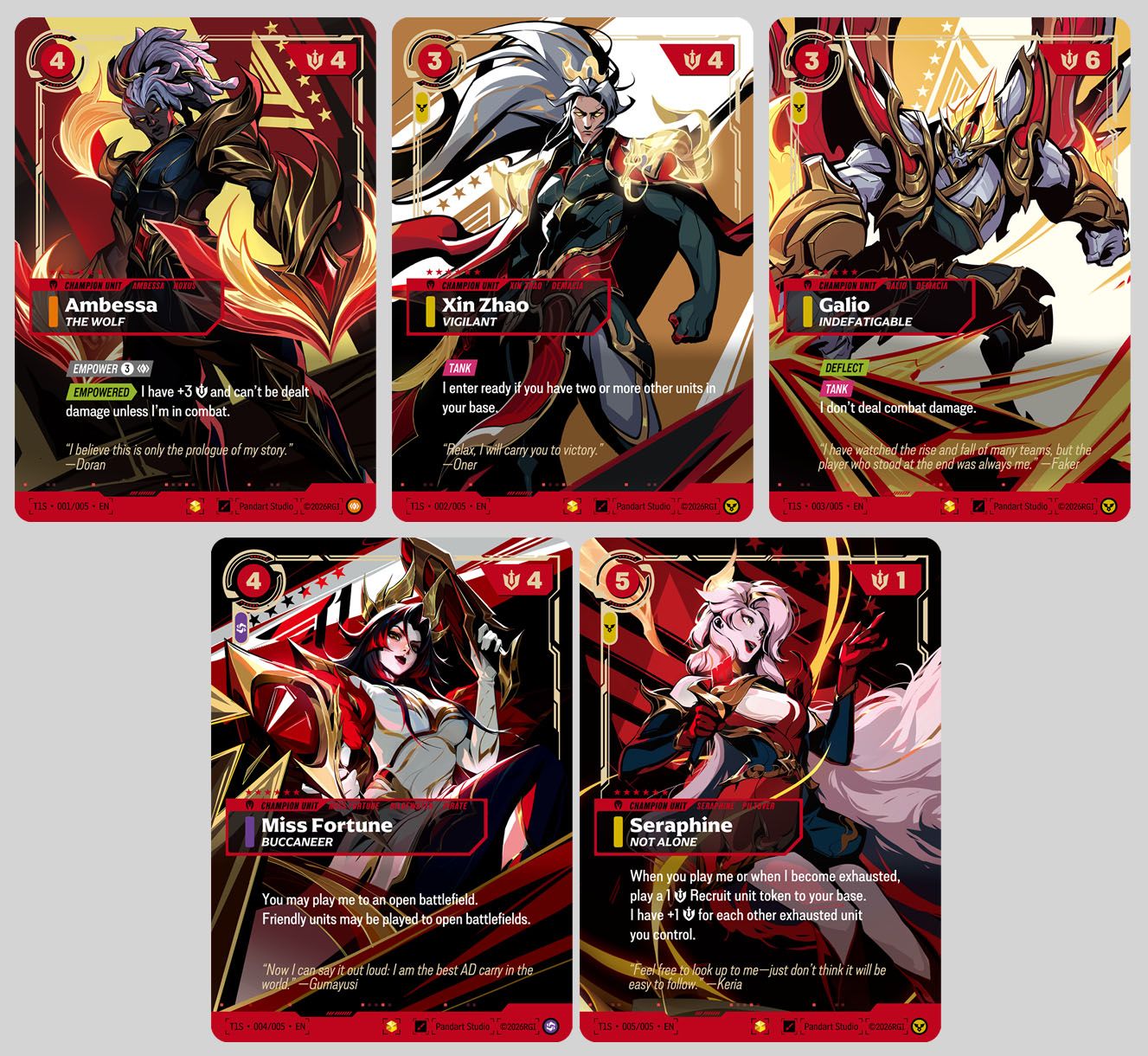 The five T1 champion cards: Ambessa, Galio, Miss Fortune, Seraphine, and Xin Zhao, official card renders