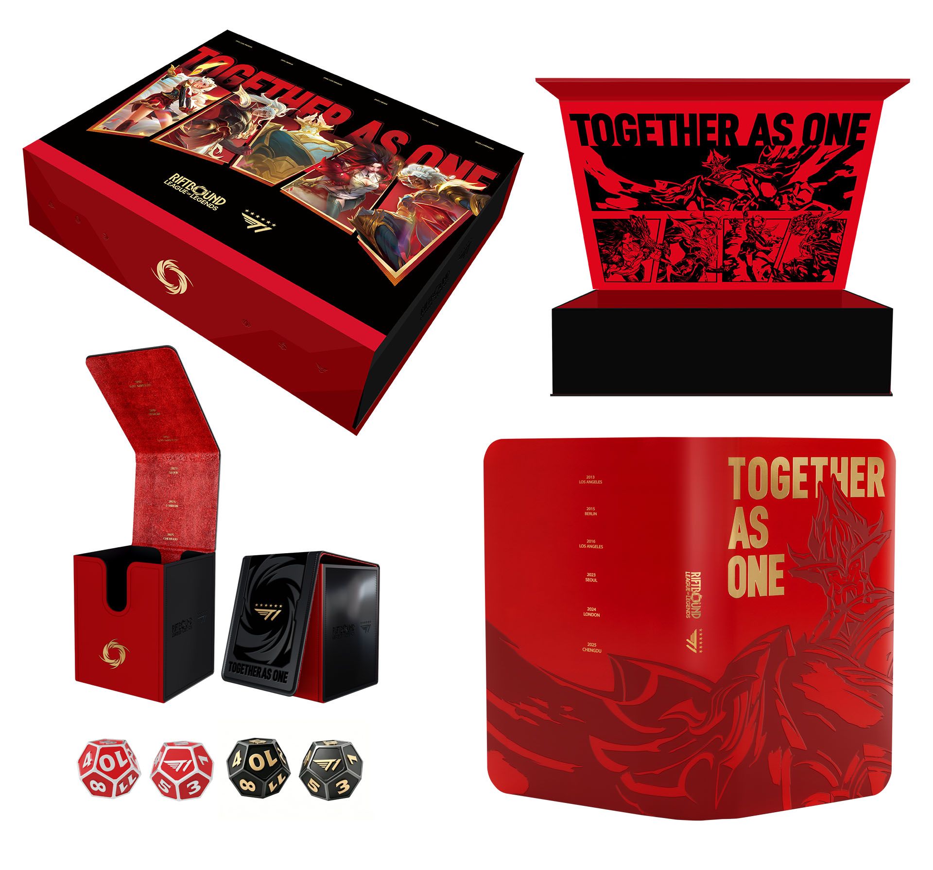 T1 2025 Worlds Champion Player Bundle contents: cards, sleeves, deckbox, binder, and metal die, official render