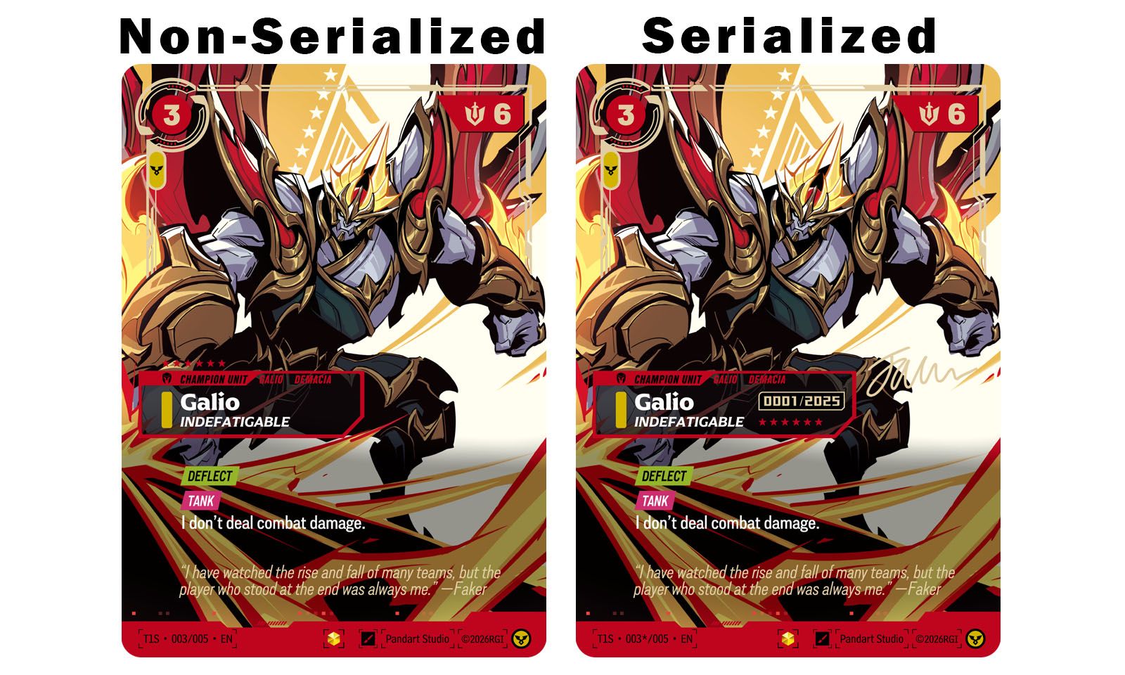 Close-up of the foiling treatment and gold-stamped signature on a serialized T1 card, official render