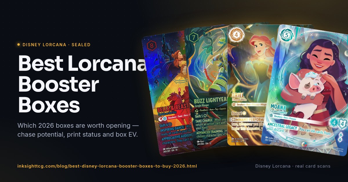 Chase cards from the Disney Lorcana booster boxes worth buying in 2026 — Belle & Beast — Certain as the Sun (Iconic) — Attack of the Vine!, Buzz Lightyear — Jungle Ranger (Iconic) — Wilds Unknown, Ariel — Ethereal Voice (Iconic) — Whispers in the Well, Moana — Curious Explorer (Iconic) — Winterspell